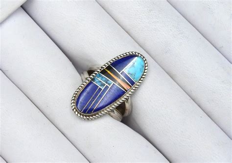 Vintage Silvia Chee Ring Navajo Inlay Lapiz Solid Gem