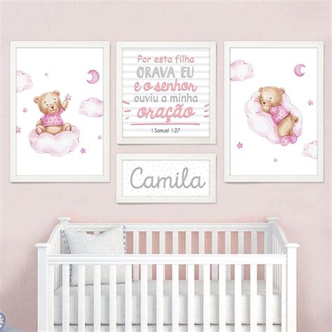 Quadros Decorativos Menina Ursinha Rosa Nuvens Oração Nome Elo7