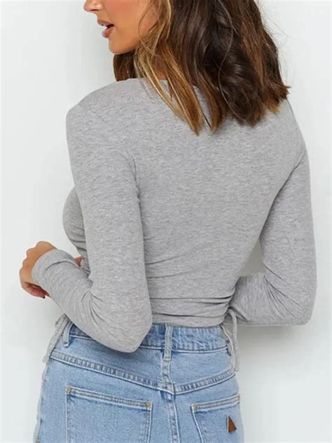 Solid Color Long Sleeve Ruched Side Drawstring Ribbed Knit Crop Tops Sexy Y2k Shirts Womens