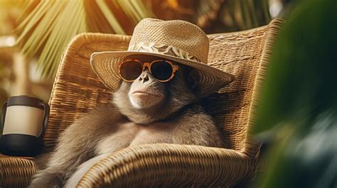 Premium Photo Monkey Wearing Sunglasses And Straw Hat Sitting