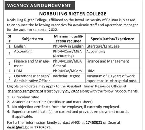 Academic And Administrative Post Vacancy Norbuling Rigter College