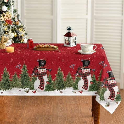 Horaldaily Christmas Tablecloth 60120 Inch Winter Snowman Trees Red