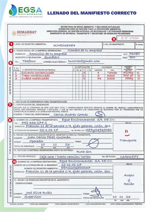 Manifiesto De Entrega Y Transporte Residuos Peligrosos EGSA Environmental