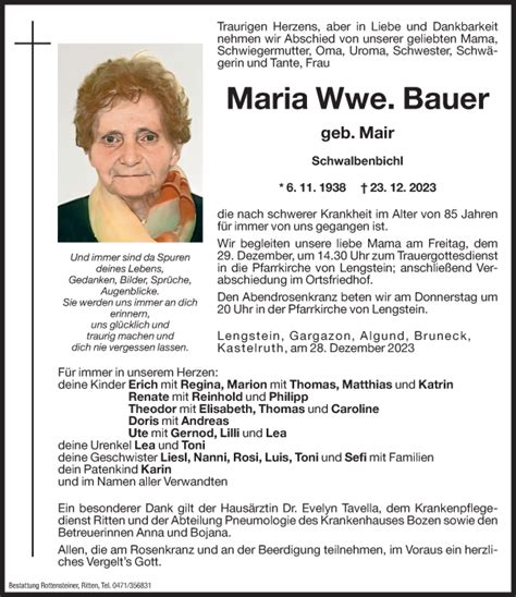 Traueranzeigen Von Maria Bauer Trauer Bz