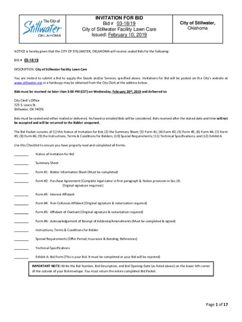 Fillable Online Invitation For Bid Bid 03 1819 City Of Stillwater