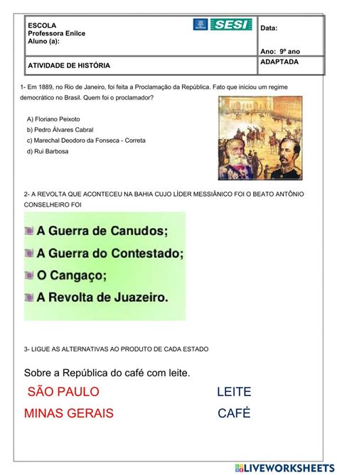 Atividade Sobre A Republica No Brasil Worksheet Online Workouts