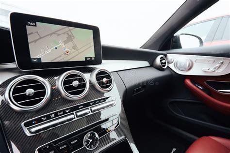 View from Inside a Car on a Part of Dashboard with a Navigation Unit ...