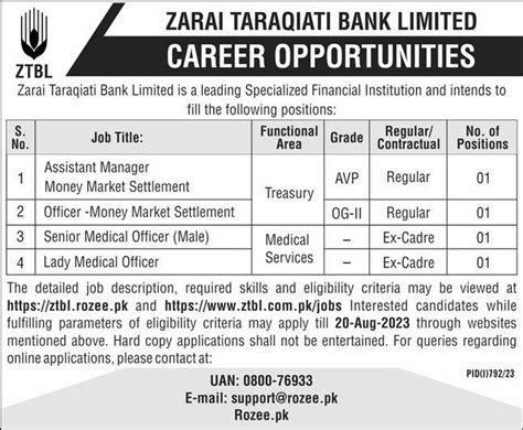 Zarai Taraqiati Bank Limited Ztbl Jobs Job Advertisement Pakistan