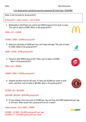 Edexcel Gcse Business 241 Gross Profit Practice Questions Worksheet 1 Fast Food Themed