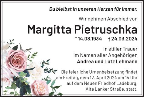 Traueranzeigen Von Margitta Pietruschka M Rkische Onlinezeitung