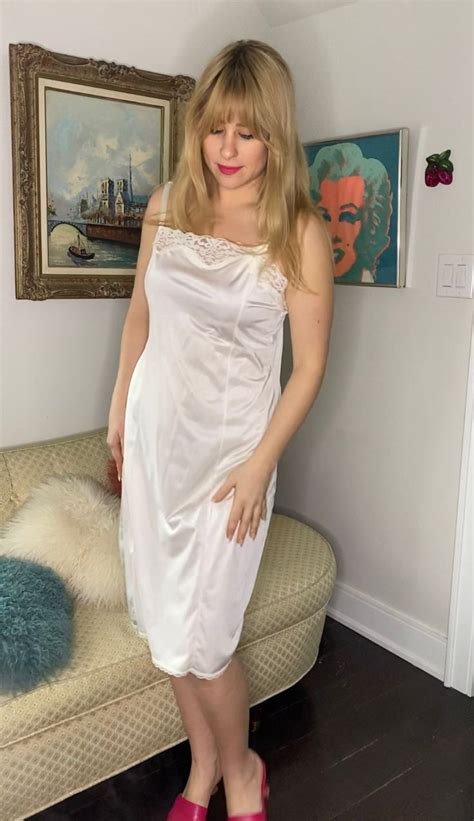 vintage satin slip dress  white  floral lace trim adjustable