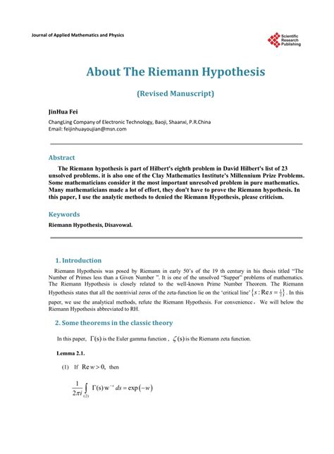 PDF About The Riemann Hypothesis Revised Manuscript