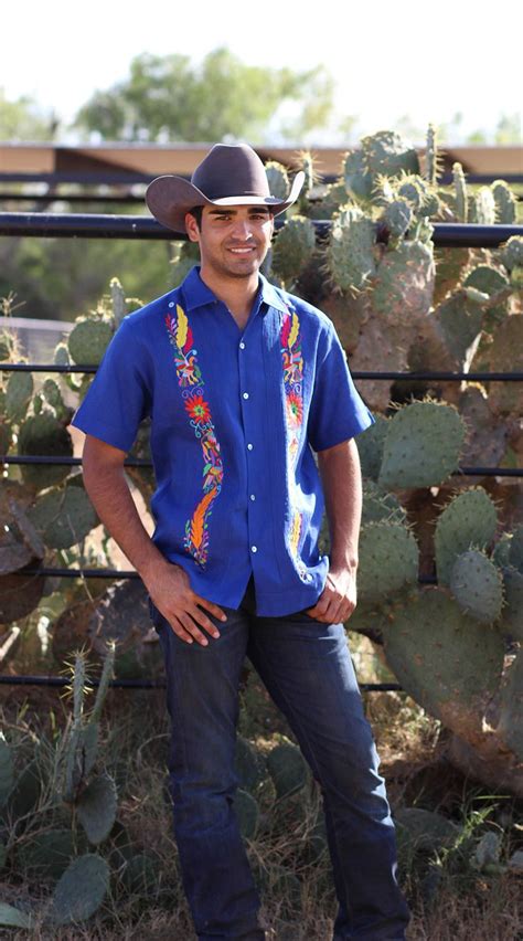 Mens Royal Blue With Otomi Embroidery Guayerabera Nativa Fine Mexican