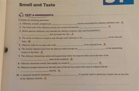 Solved Smell And Taste PART A ASSESSMENTS Complete The Following