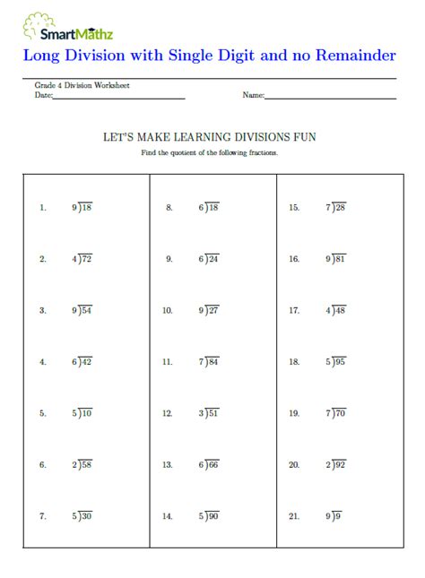 Long Division Worksheet Without Remainders Practice Sheets For