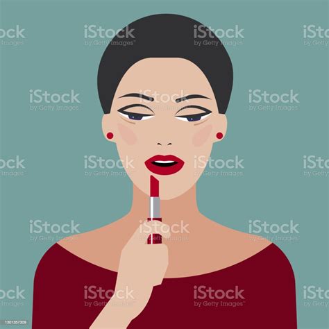 Woman Making Up Her Lips With Red Lipstick Stock Illustration Download Image Now Adult Art