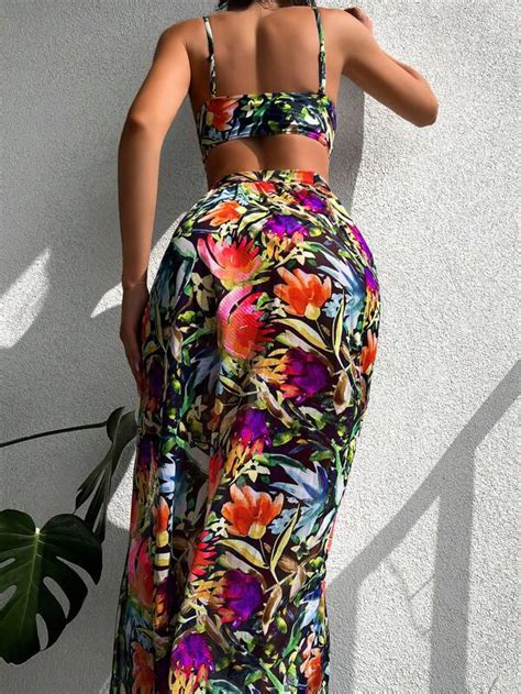 SHEIN Swim Vcay Tropical Print Bikini Swimsuit With Beach Skirt SHEIN USA