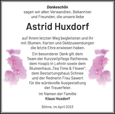 Traueranzeigen Von Astrid Huxdorf M Rkische Onlinezeitung Trauerportal