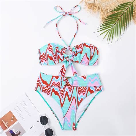 Tejiojio Womens Summer Swimsuit Bikini 2024 Ladies Fashion Retro Lines