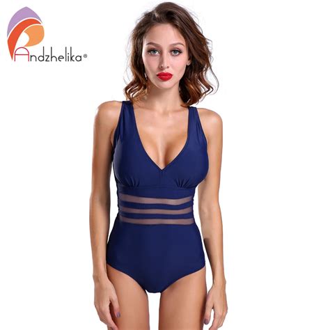 Andzhelika One Piece Swimsuit Women Sexy Solid Mesh Vintage Retro Bathing Suits Beach Wear Swim