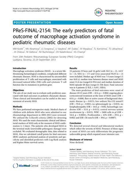 Pdf Pres Final 2154 The Early Predictors Of Fatal Outcome Of Macrophage Activation Syndrome