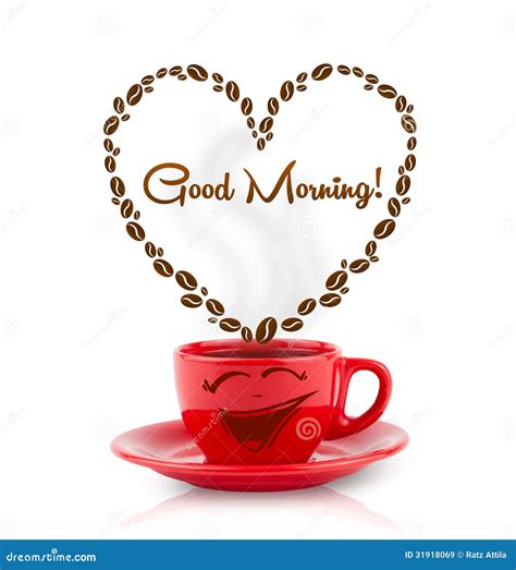 Coffee Mug with Coffee Beans Shaped Heart with Good Morning Sign Stock