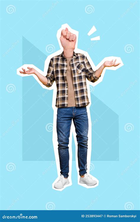 Vertical Collage Picture Of Clueless Guy Shrug Shoulders Arm Fist