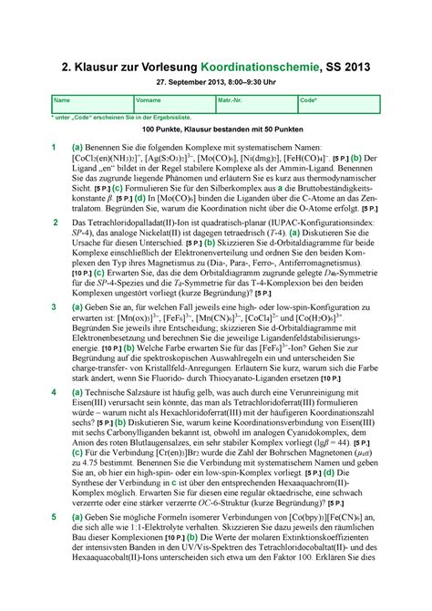 Klausur Ss2013b Pdf 2 Klausur Zur Vorlesung Koordinationschemie SS