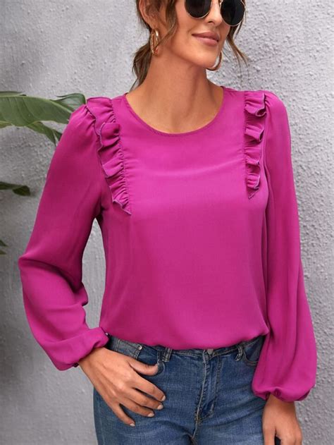 Shein Frill Trim Lantern Sleeve Blouse Shein Usa Women Blouses