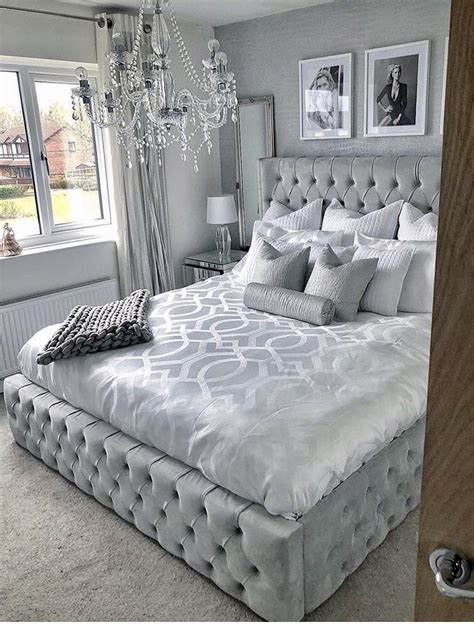 Elegant Silver And Grey Glam Bedroom With Restoration Hardware Soho Bed Replica Room Design