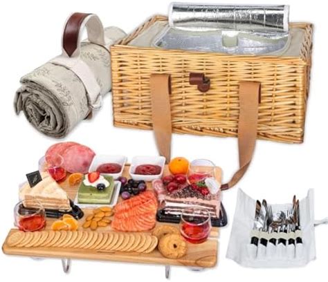 Hap Tim Wicker Picnic Basket For 4 With Mini Folding Wine Picnic Table