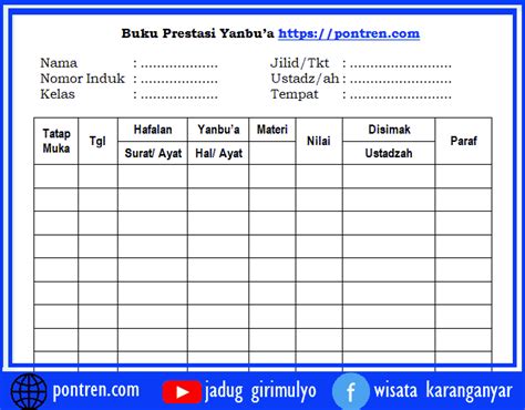 Buku Prestasi Yanbua Kartu Untuk Santri