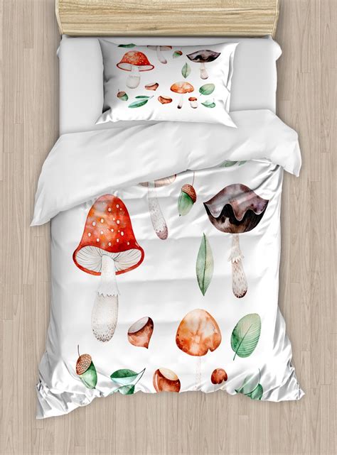 Autumn Twin Size Duvet Cover Set Fall Season Mushrooms Chestnuts With