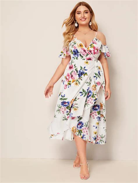 SHEIN Plus Floral Print Ruffle Hem Wrap Belted Dress Plus Size