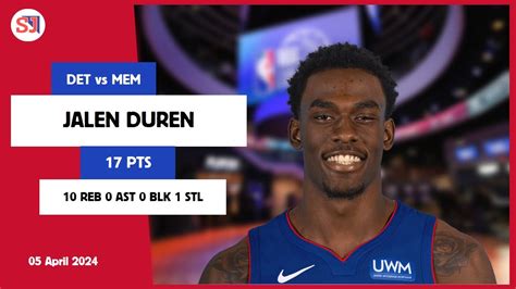 JALEN DUREN 17 PTS 10 REB 0 AST 0 BLK 1 STL Vs MEM 05 Apr 23 24