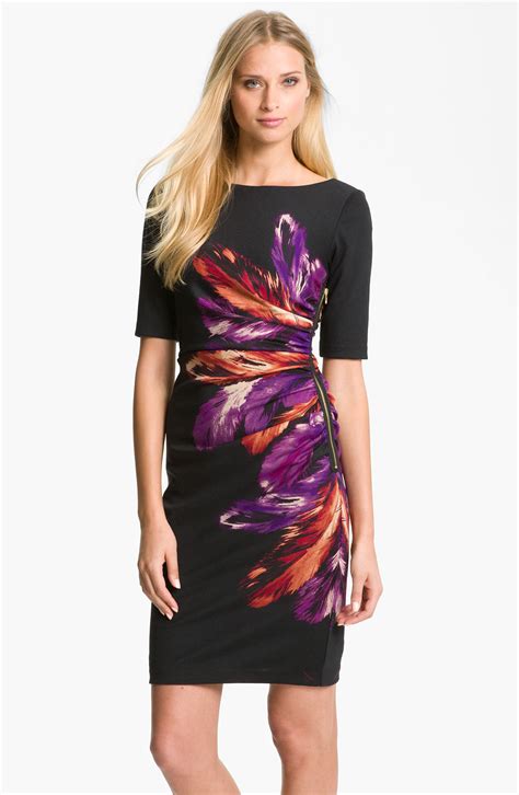 Maggy London Feather Print Ponte Sheath Dress In Multicolor Black