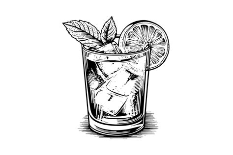 Alcoholic Cocktail Engraved Isolated Drink Vector Illustration Black