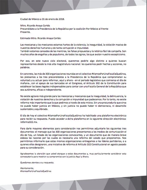 Carta Enviada A Andrés Manuel López Obrador José Antonio Meade Y Ricardo Anaya Para Que Asuman