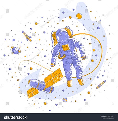 Spaceman Flying Open Space Connected Space Stock Vector Royalty Free