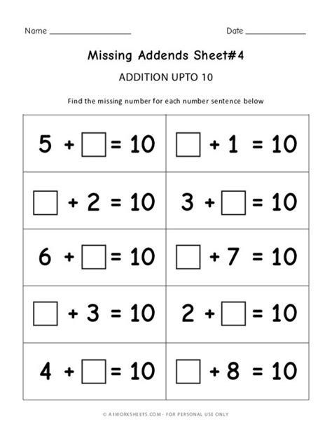 20 Printable Missing Addends Worksheets Numbers 1 10 For 50 Off