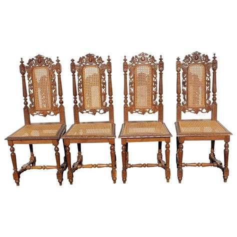 Set 6 Antique French Carved Oak Breton Dining Chairs Brittany Cane Seat