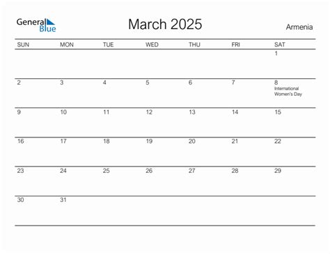 March 2025 Monthly Calendar with Armenia Holidays