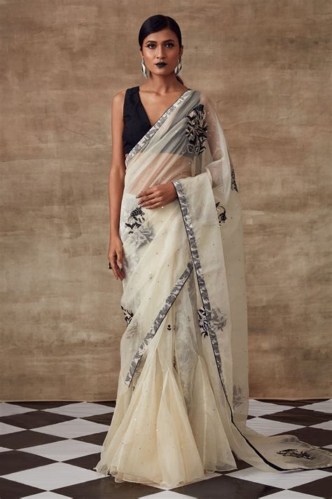 Buy Rishi Vibhuti White Organza Floral Embroidered Saree With Blouse