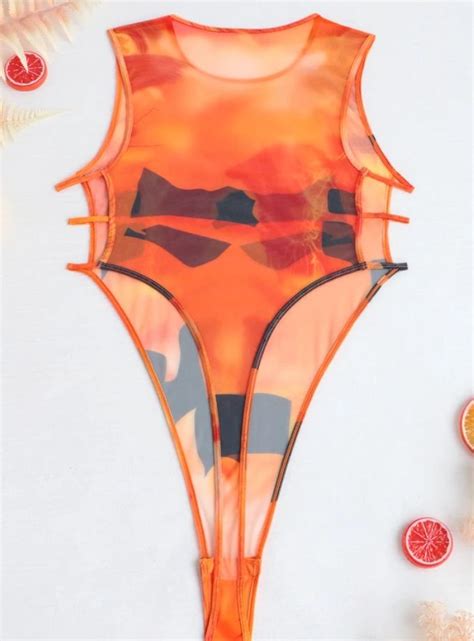 Orange Women Sexy Bodysuits Lingerie Transparent Erotic Costumes Hollow Cut Out One Piece