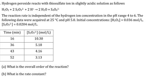 Solved Hydrogen Peroxide Reacts With Thiosulfate Ion In S Chegg