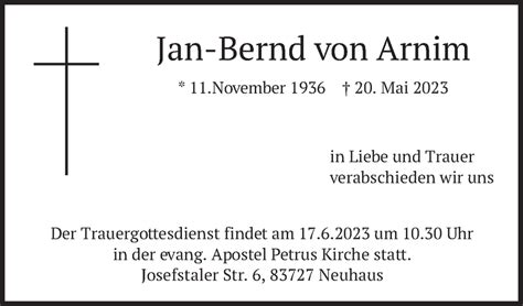 Traueranzeigen Von Jan Bernd Von Arnim Trauer Merkur De