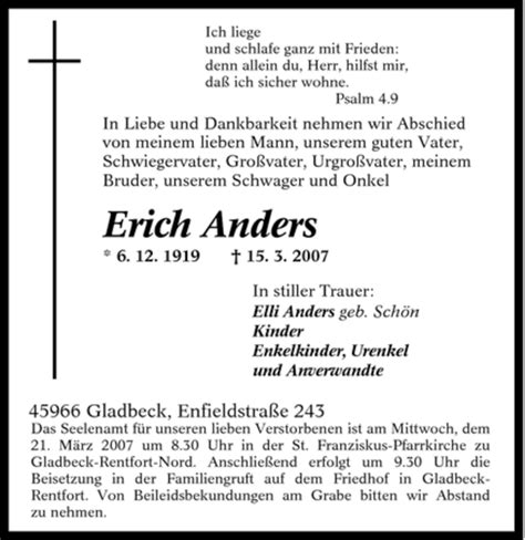 Traueranzeigen Von Erich Anders Trauer In Nrw De