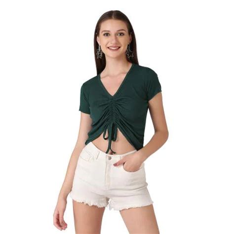 Buy Buynewtrend Green Cotton Rib Crop Top For Women Online At Best