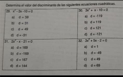 Determina El Valor Del Discriminante De Las Siguientes Ecuaciones