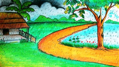 Rainy Season Drawing How To Draw Rainy Season Scenery Drawing With